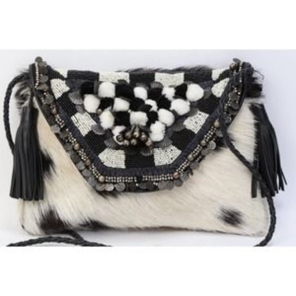 Anthropology black and white checkered cowhide/ animal print leather handbag